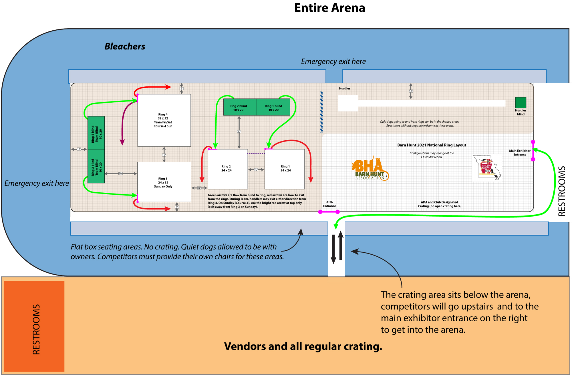 A map of the arena plus bleachers and crating area