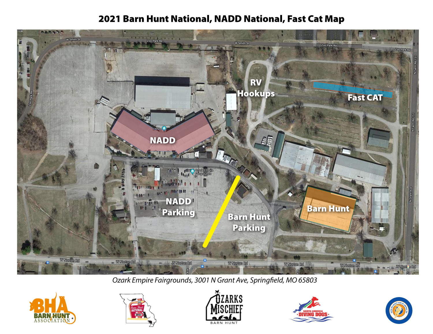 Map showing locations of Barn Hunt, NADD, Fast CAT
