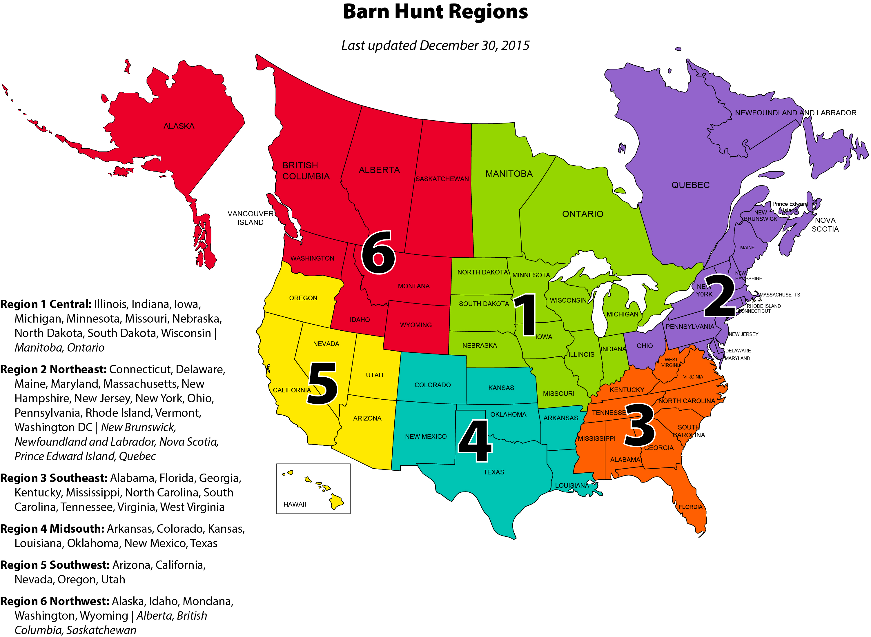 Color coded map of the Barn Hunt Regions in the U.S. and Canada